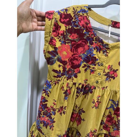 Free People Harper Mini Dress Cotton Corduroy Button Front Tiered Smocked Sz XS - Picture 5 of 8